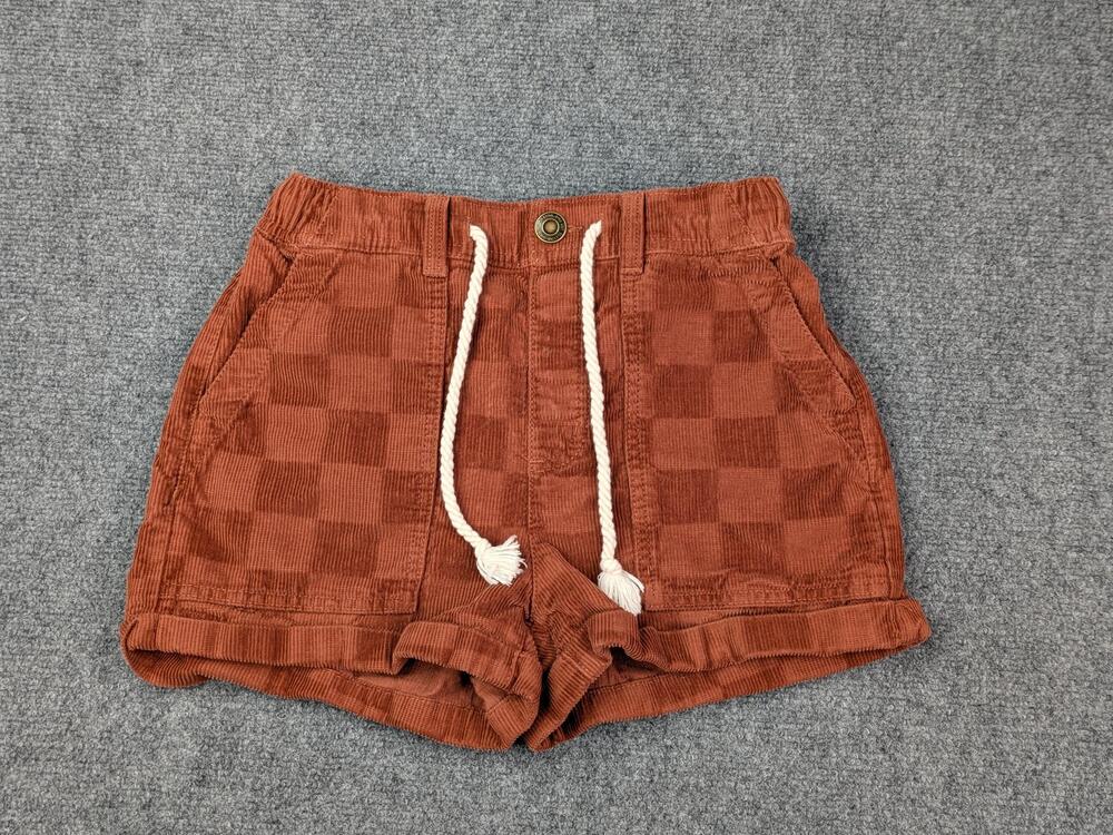 SO Shorts Juniors XS Rust Brown Corduroy Check High Rise Drawstring Tassel